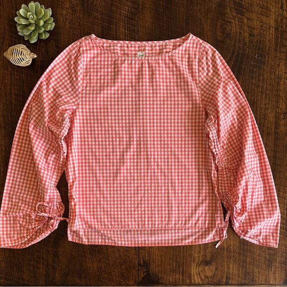 GAP | Gingham 100% Cotton Boatneck Blouse with Ruched/Drawstring Wide Sleeves - Picture 2 of 6